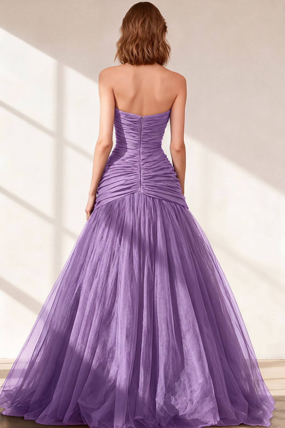 Black Strapless Ruched Tulle Ball Gown Long Prom Dress