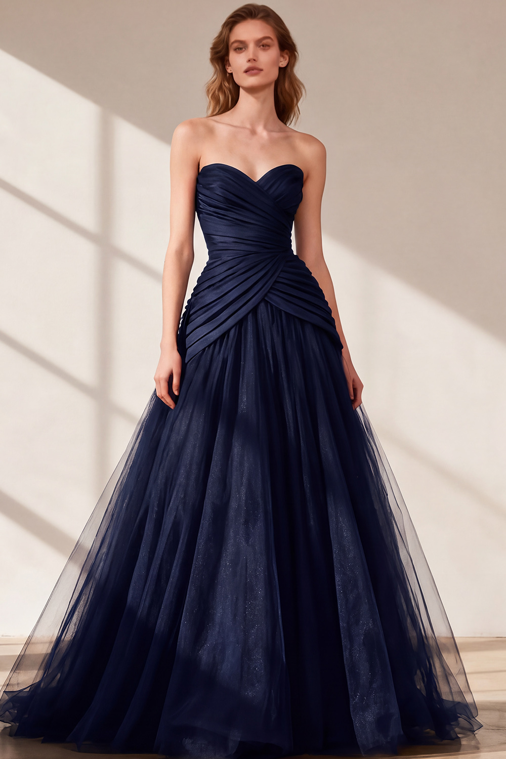 Black Strapless Ruched Tulle Ball Gown Long Prom Dress