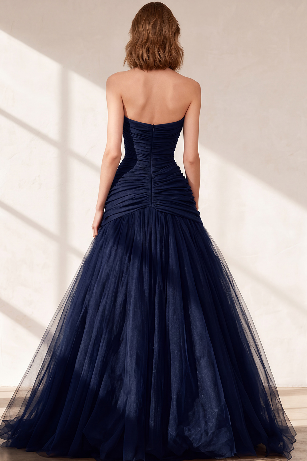 Black Strapless Ruched Tulle Ball Gown Long Prom Dress