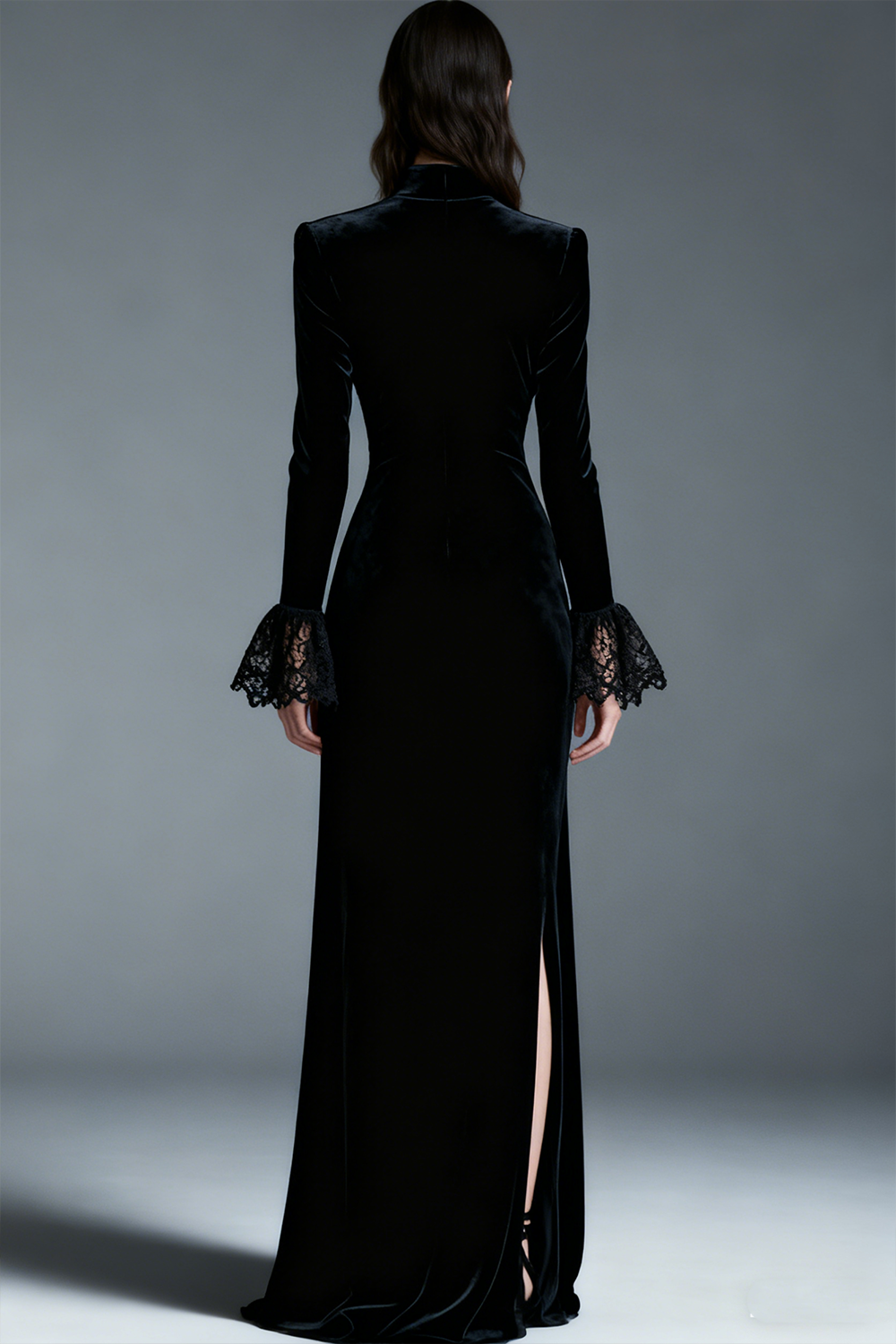 Black Velvet High Neck Long Holiday Party Dress with Slit