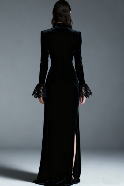 Black Velvet High Neck Long Holiday Party Dress with Slit