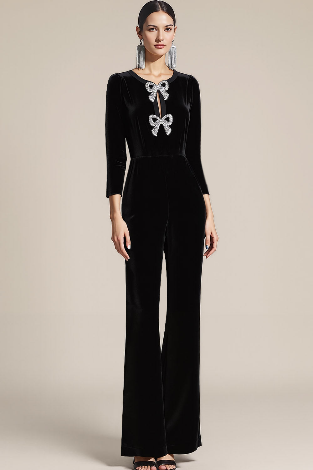 Sparkly Black Jewel Neck Beaded Velvet Party Jumpsuits