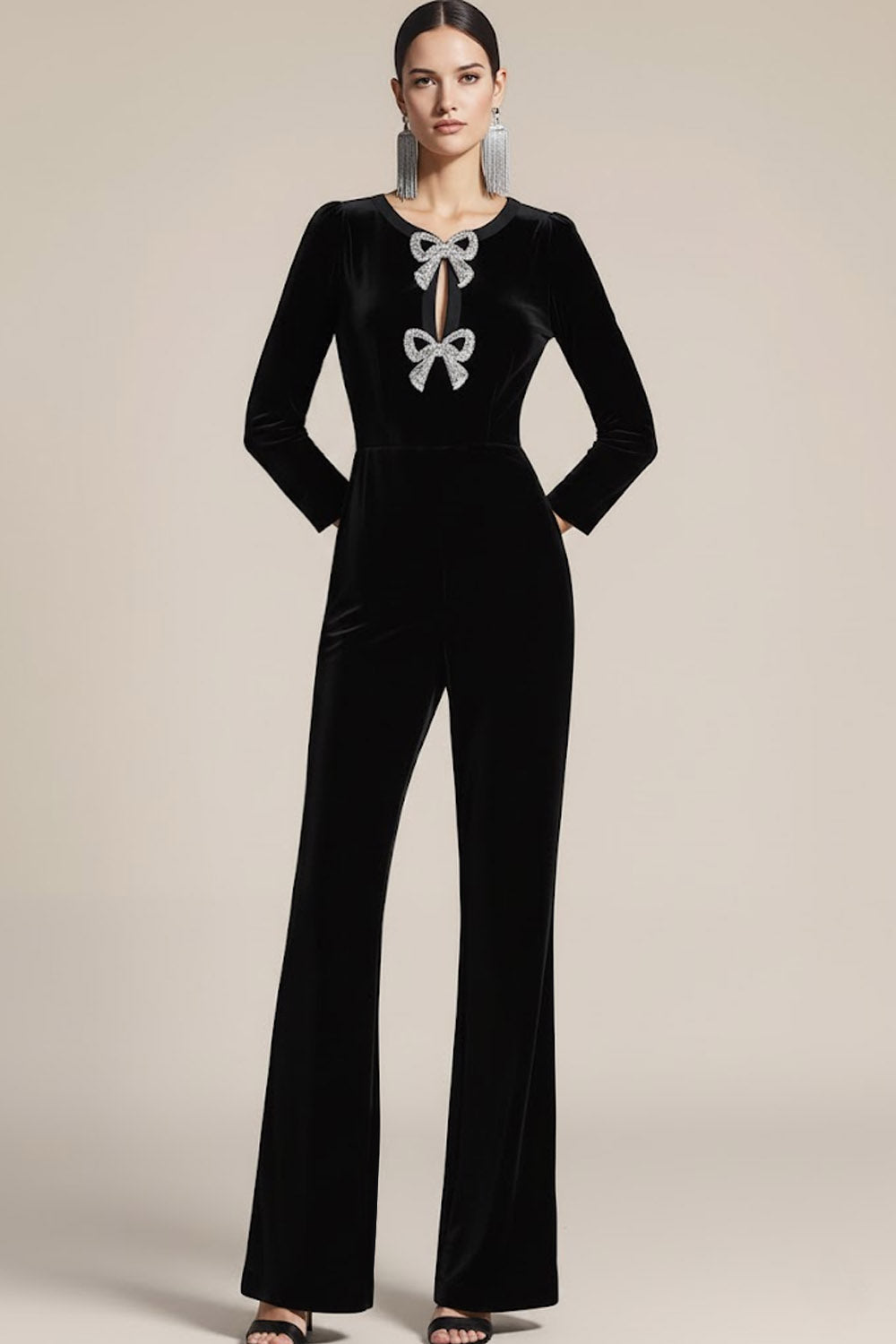 Sparkly Black Jewel Neck Beaded Velvet Party Jumpsuits