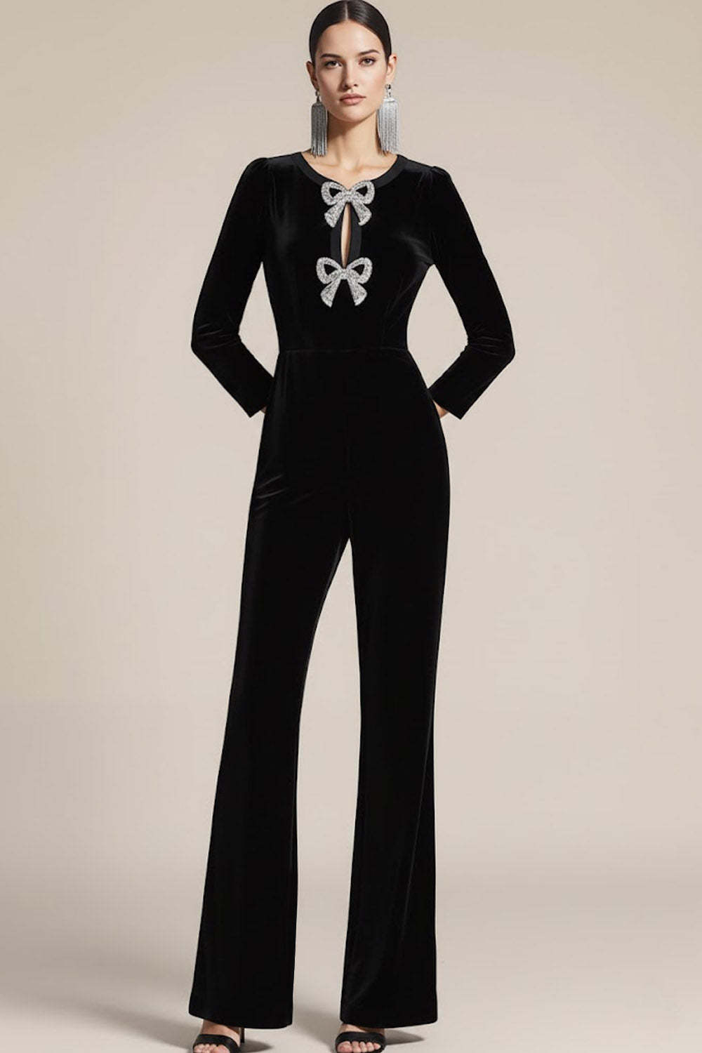 Sparkly Black Jewel Neck Beaded Velvet Party Jumpsuits