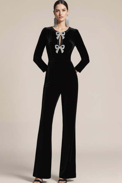 Sparkly Black Jewel Neck Beaded Velvet Party Jumpsuits