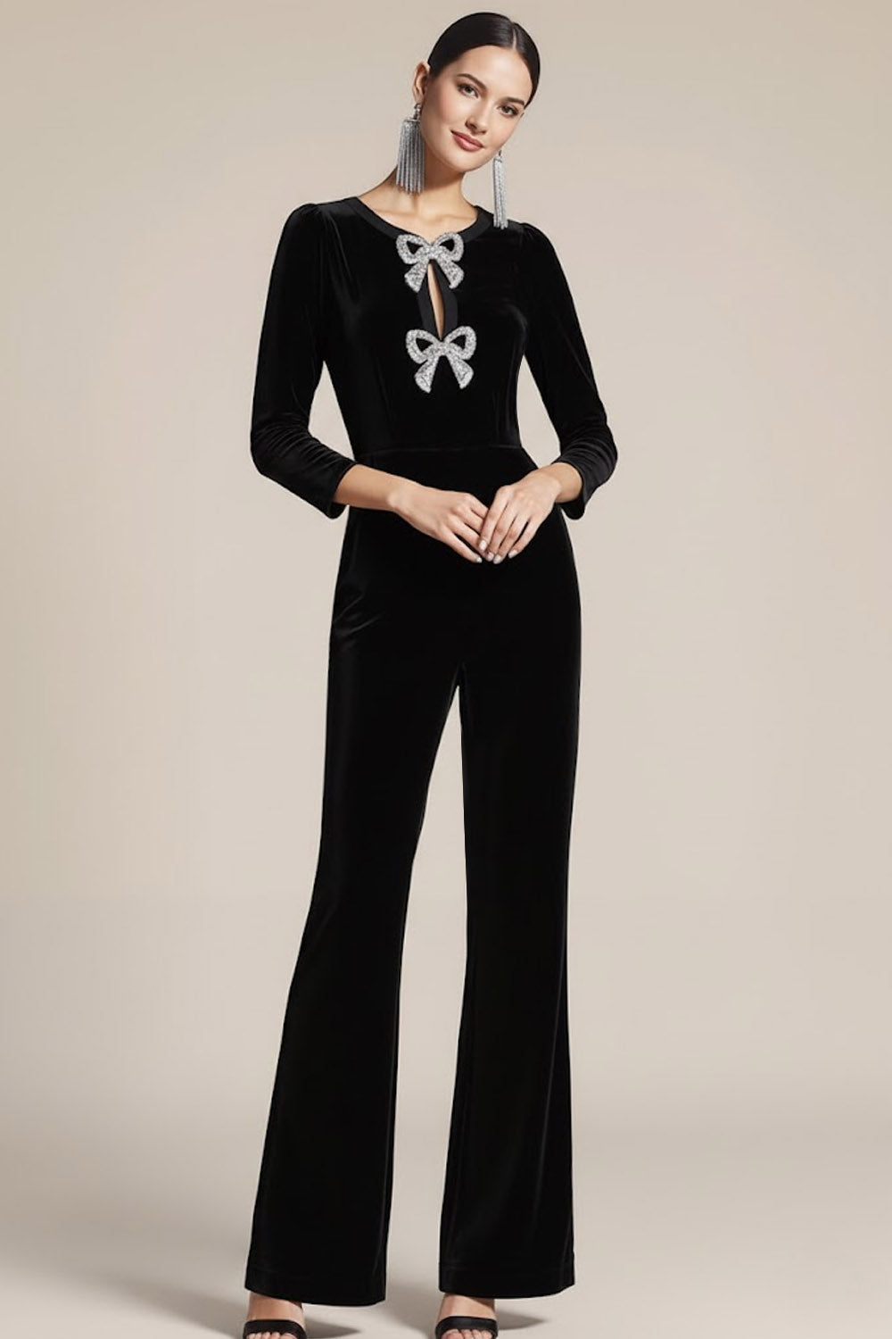 Sparkly Black Jewel Neck Beaded Velvet Party Jumpsuits