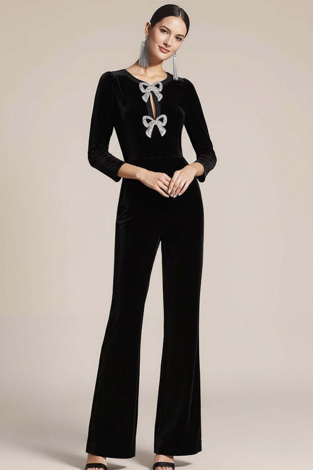 Sparkly Black Jewel Neck Beaded Velvet Party Jumpsuits