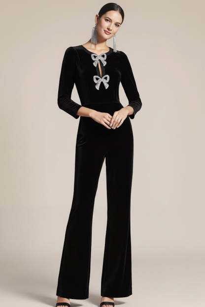 Sparkly Black Jewel Neck Beaded Velvet Party Jumpsuits