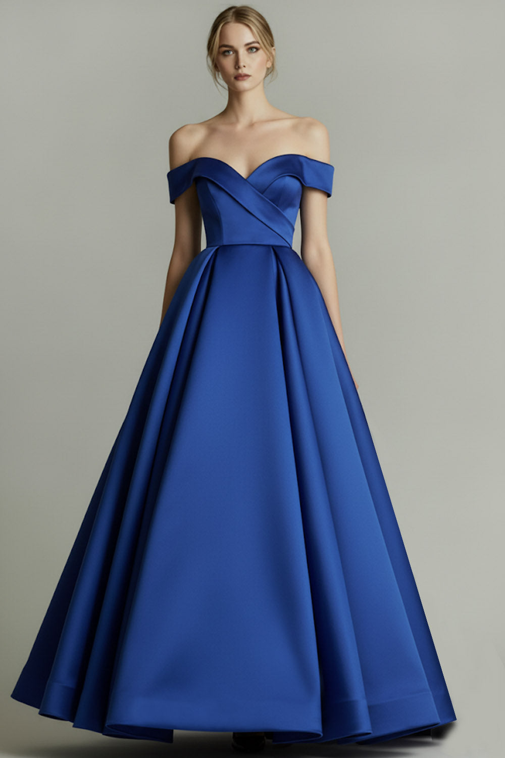Blue A-Line Off the Shoulder Backless Long Prom Dress