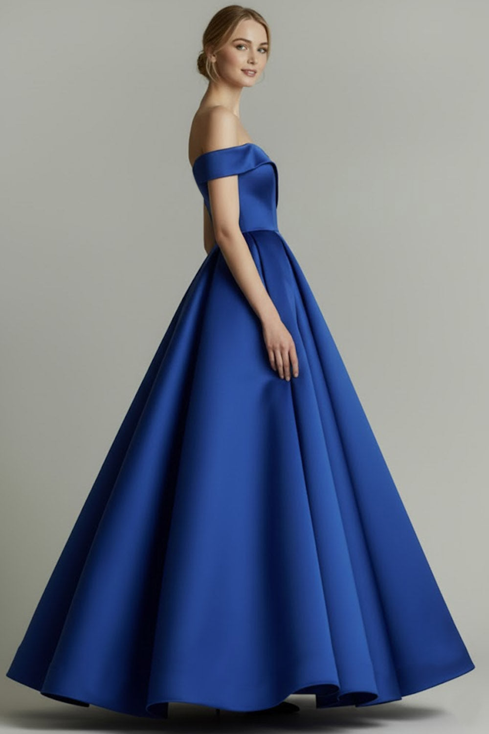 Blue A-Line Off the Shoulder Backless Long Prom Dress