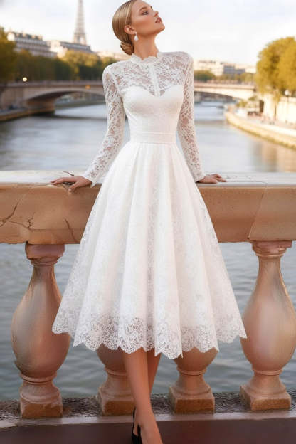 Leely Women White Lace Midi Bridal Dress with Sleeves A Line Crew Neck Engagement Dress