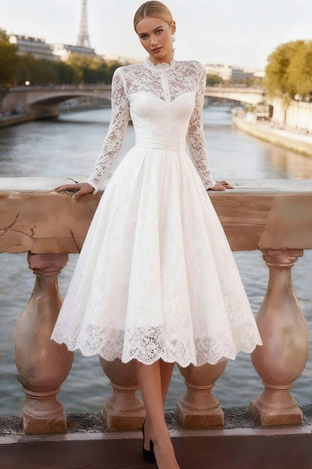 White A Line Lace Midi Bridal Dress with Sleeves