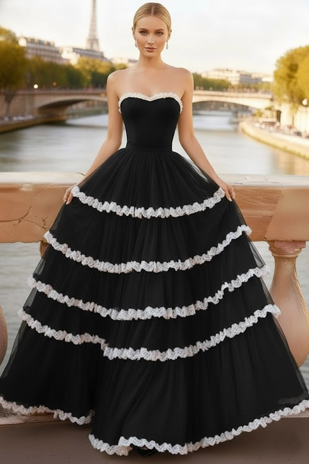 Leely Women Black Tiered Ruffled Long Corset Prom Dress A-Line Sweetheart Backless Gala Dress