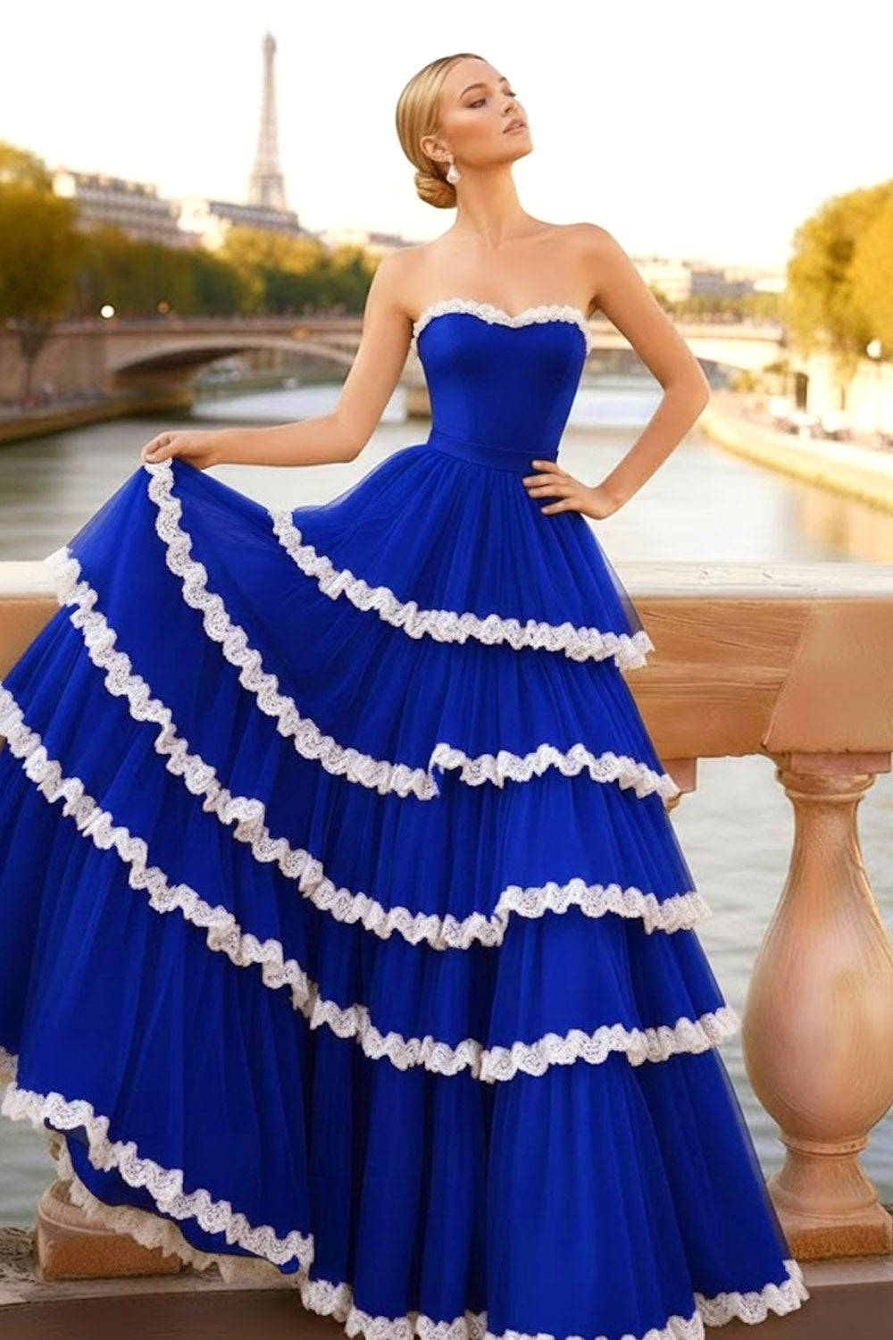 Black Tiered Ruffled Sweetheart Long Corset Prom Dress