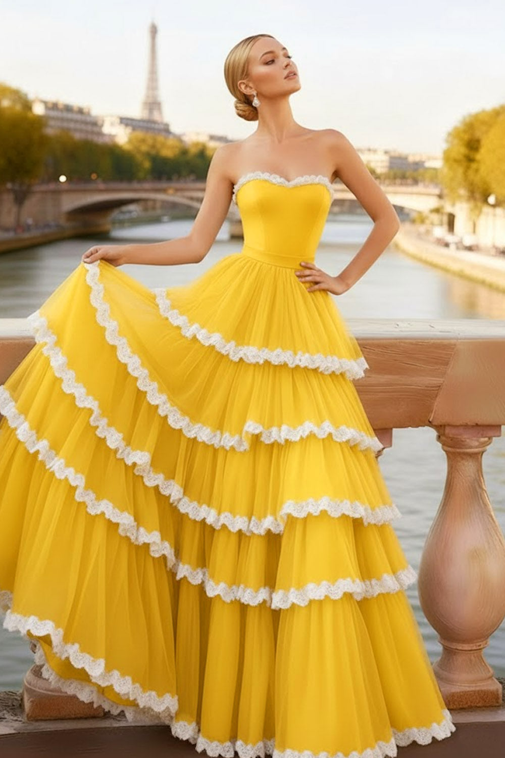 Black Tiered Ruffled Sweetheart Long Corset Prom Dress