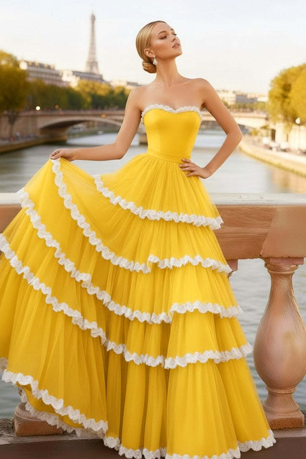 Black Tiered Ruffled Sweetheart Long Corset Prom Dress