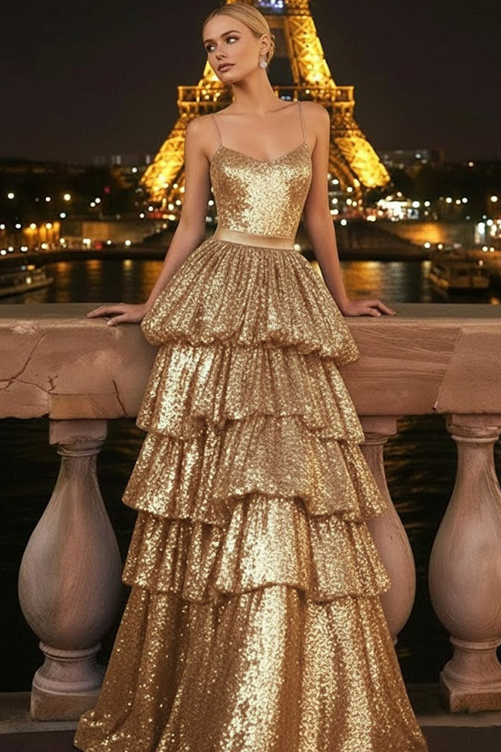 Leely Women Sparkly Purple Tiered Sequin Long Prom Dress A-Line Backless Spaghetti Straps Pageant Dress with Ruffles