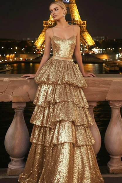 Leely Women Sparkly Purple Tiered Sequin Long Prom Dress A-Line Backless Spaghetti Straps Pageant Dress with Ruffles