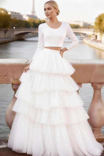 Leely Women White 2 Piece Tiered Tulle Long Prom Dress with Ruffles A Line Jewel Neck Wedding Dress with Sleeves