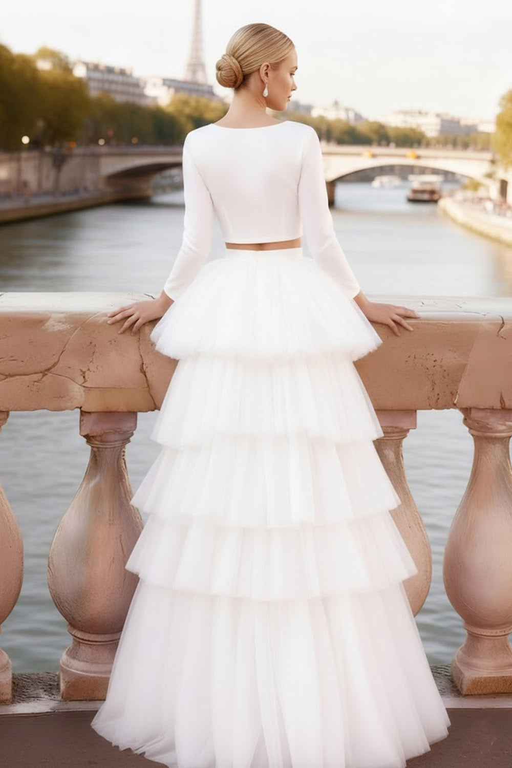 White 2 Piece A Line Tiered Tulle Long Prom Dress with Ruffles