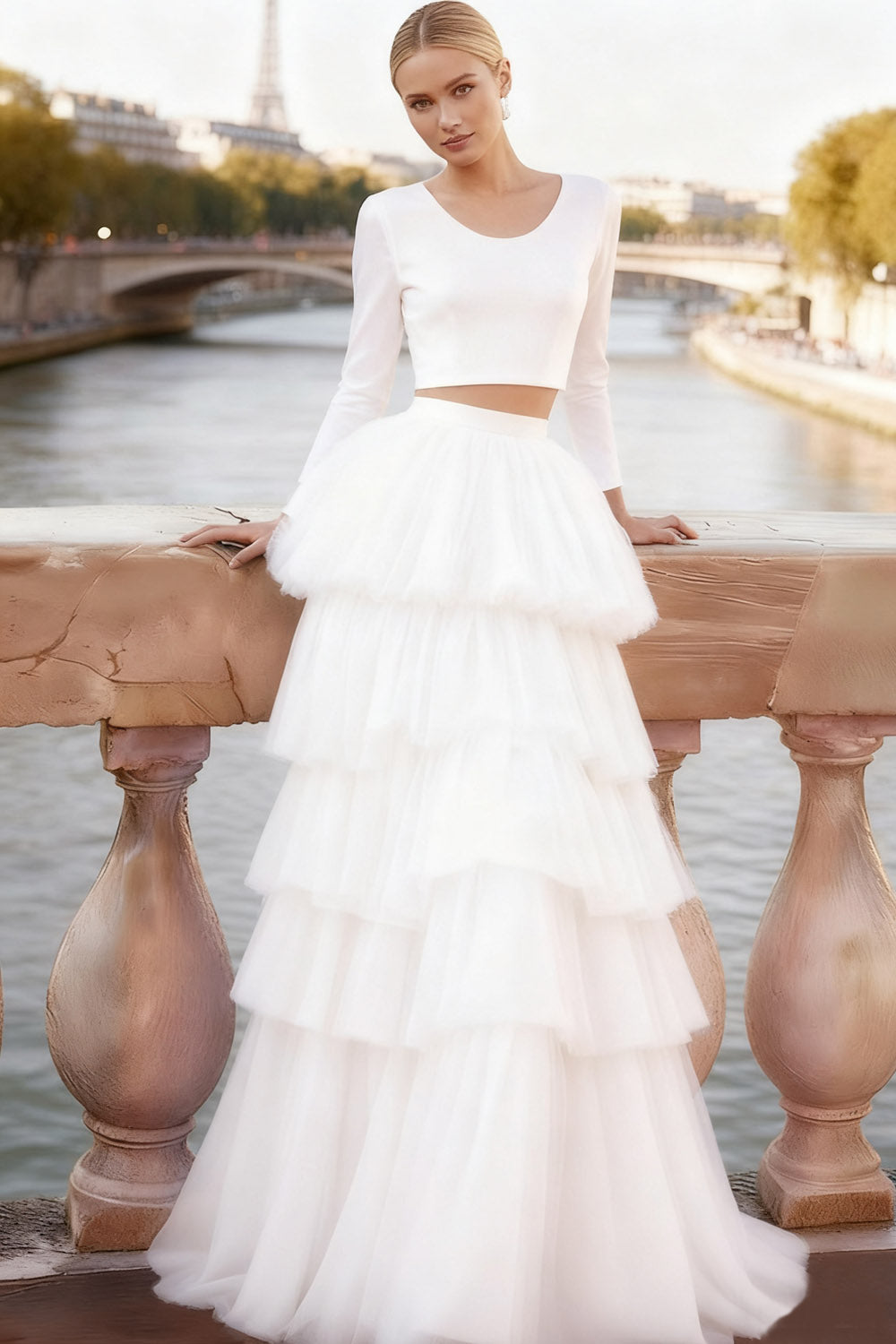 White 2 Piece A Line Tiered Tulle Long Prom Dress with Ruffles