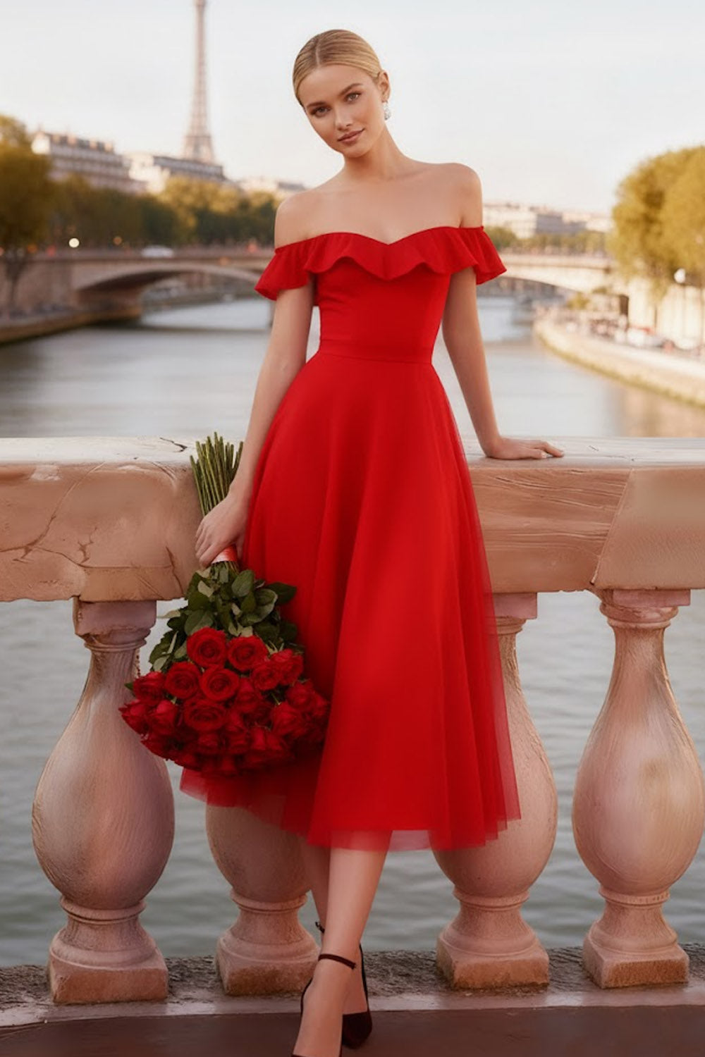 Leely Women Red Backless Tulle Midi Cocktail Dress A Line Off the Shoulder Christmas Party Dress