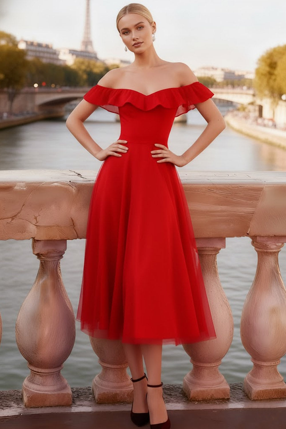 Red A Line Off the Shoulder Backless Tulle Midi Cocktail Dress