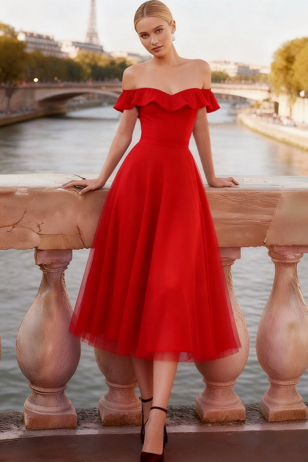 Red A Line Off the Shoulder Backless Tulle Midi Cocktail Dress