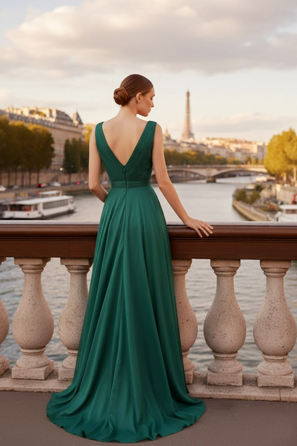 Emerald Green A Line V-Neck Long Evening Dress