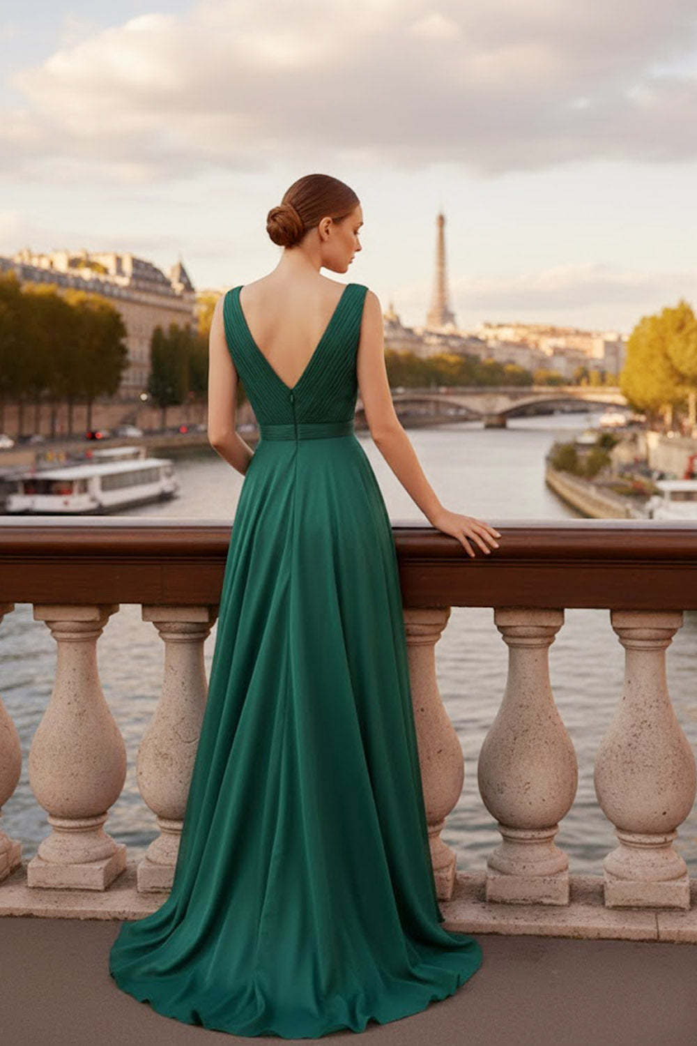 Emerald Green A Line V-Neck Long Evening Dress