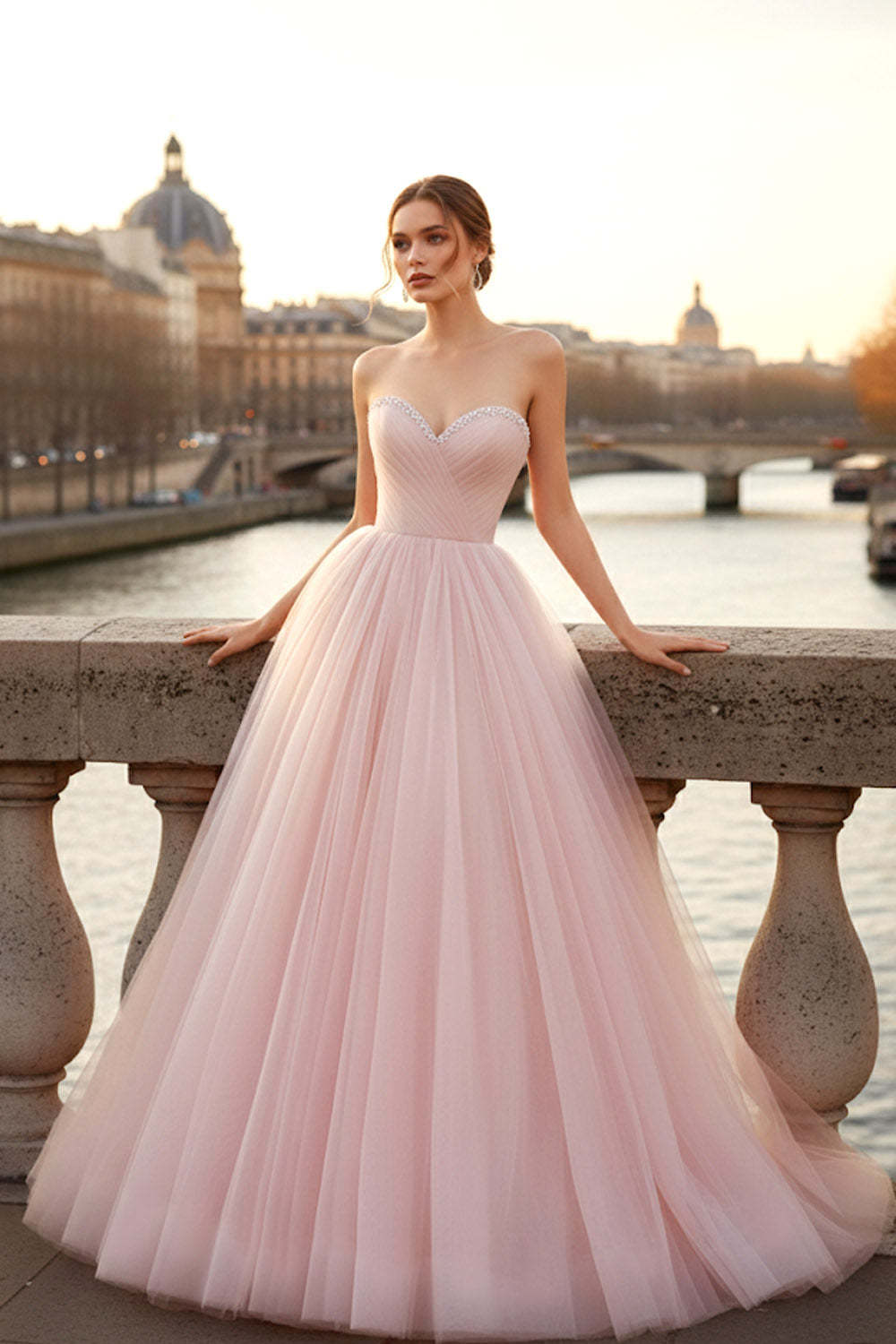 Light Pink Tulle Long Corset Prom Dress with Beading