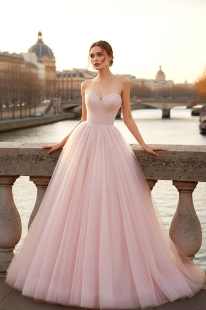 Light Pink Tulle Long Corset Prom Dress with Beading