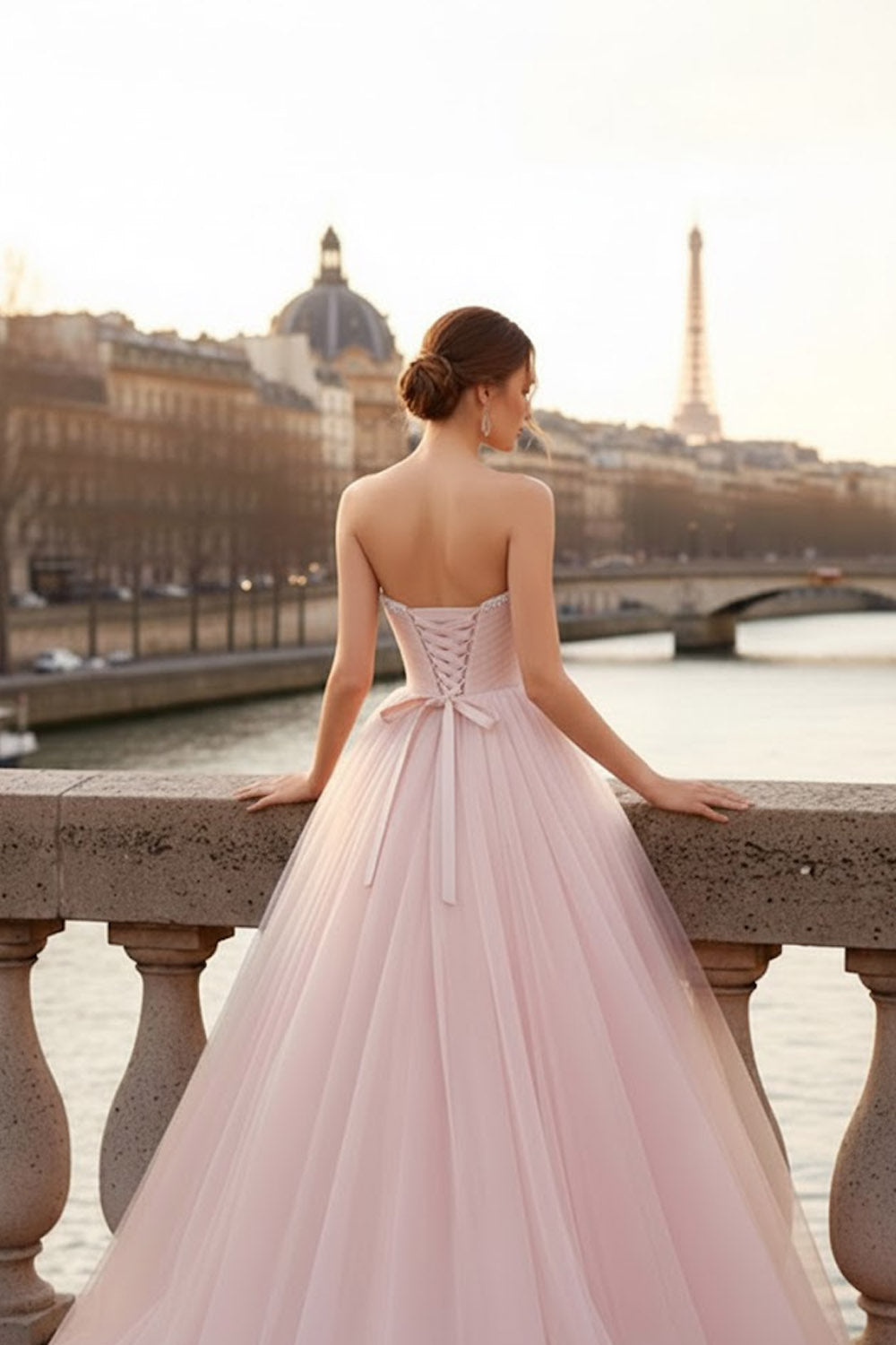Light Pink Tulle Long Corset Prom Dress with Beading