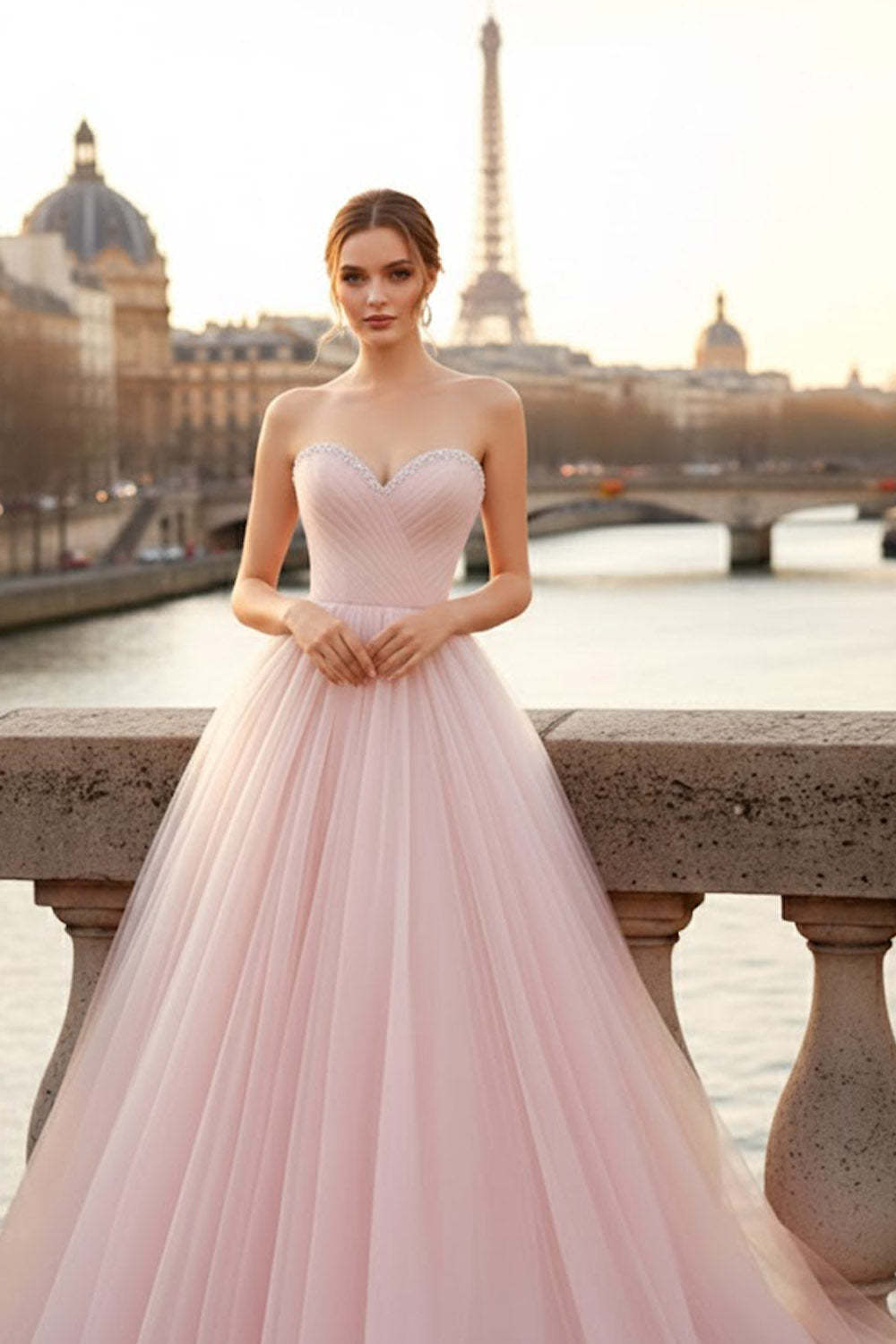 Leely Women Sparkly Light Pink Tulle Pleated Long Corset Prom Dress with Beading Princess Sweetheart Pageant Dress
