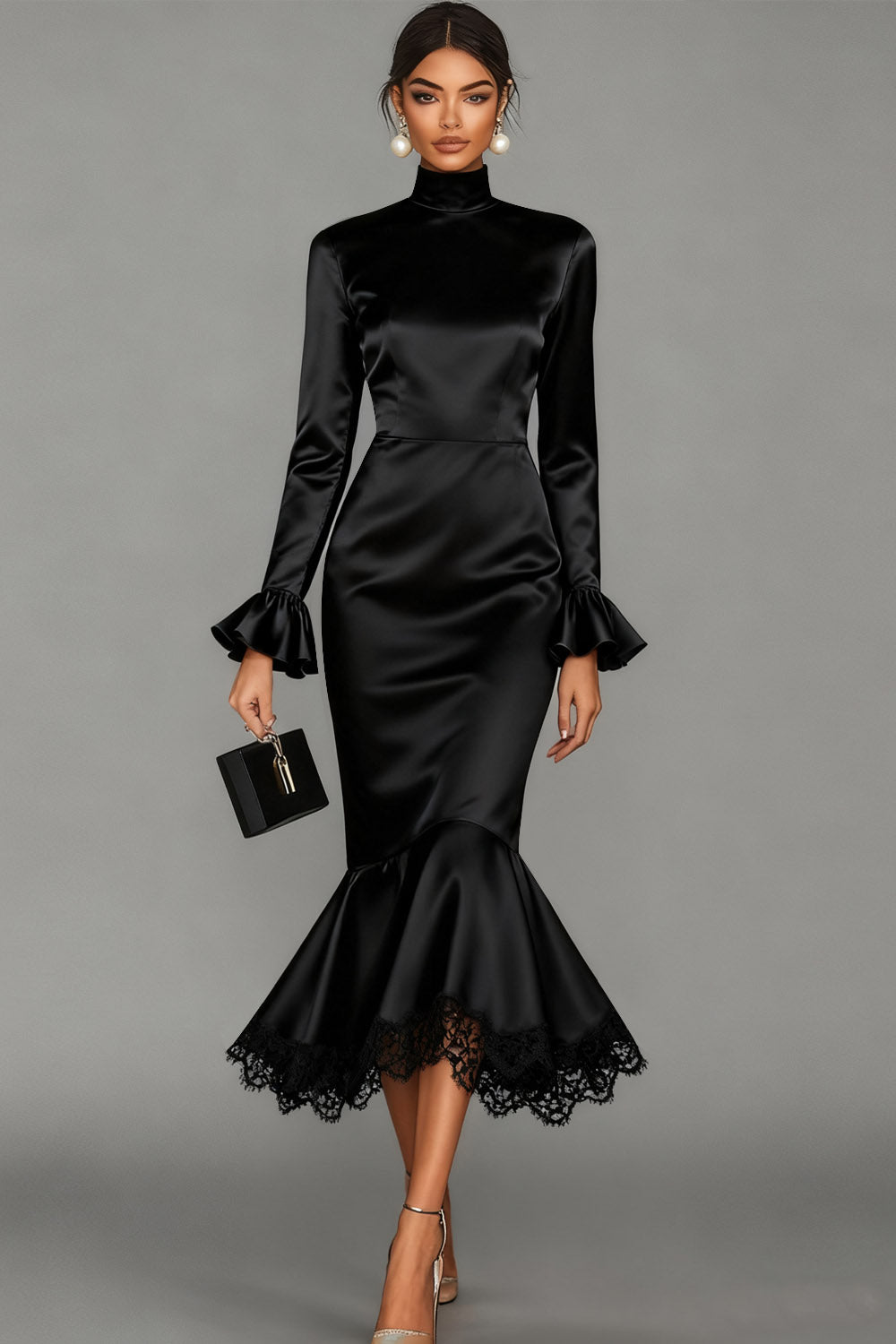 Leely Women Black Satin Midi Cocktail Dress with Lace High Neck Mermaid Ruffled Formal Dress with Sleeves