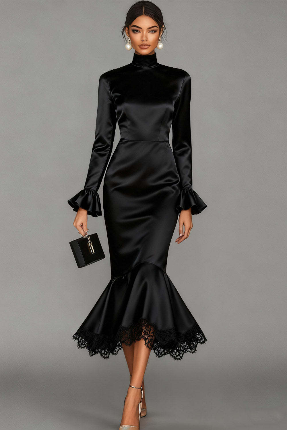 Leely Women Black Satin Midi Cocktail Dress with Lace High Neck Mermaid Ruffled Formal Dress with Sleeves