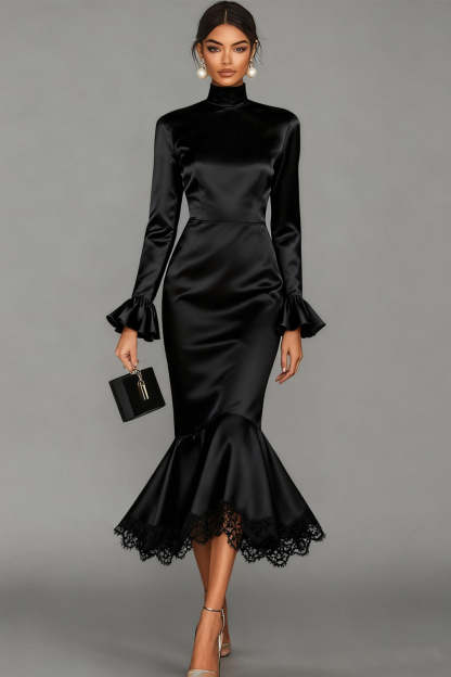 Leely Women Black Satin Midi Cocktail Dress with Lace High Neck Mermaid Ruffled Formal Dress with Sleeves