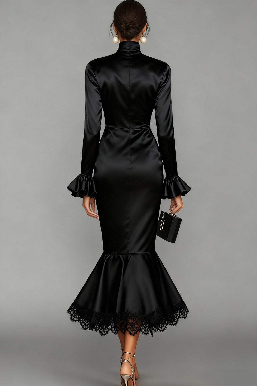 Black Mermaid Satin High Neck Midi Cocktail Dress with Lace