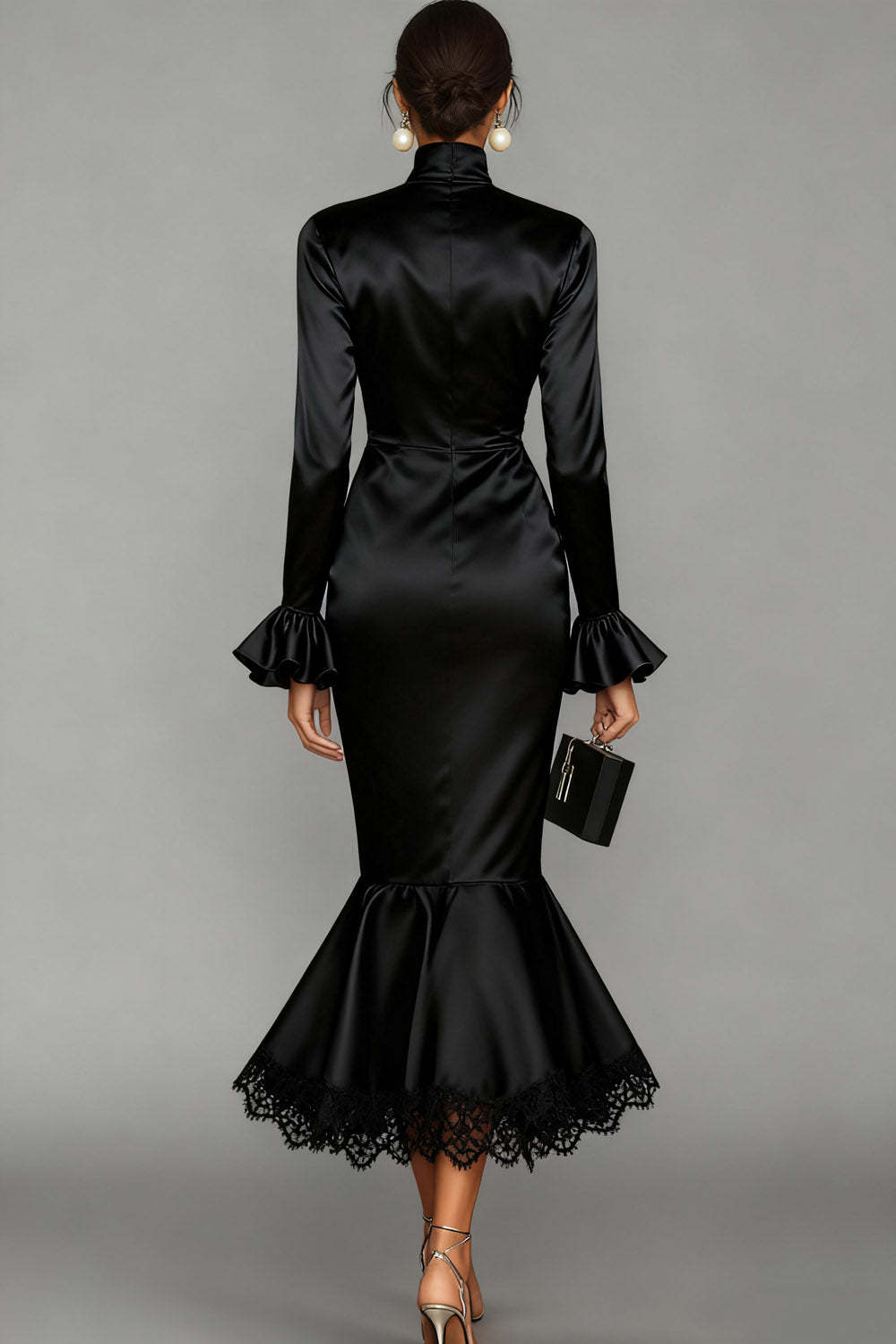 Black Mermaid Satin High Neck Midi Cocktail Dress with Lace