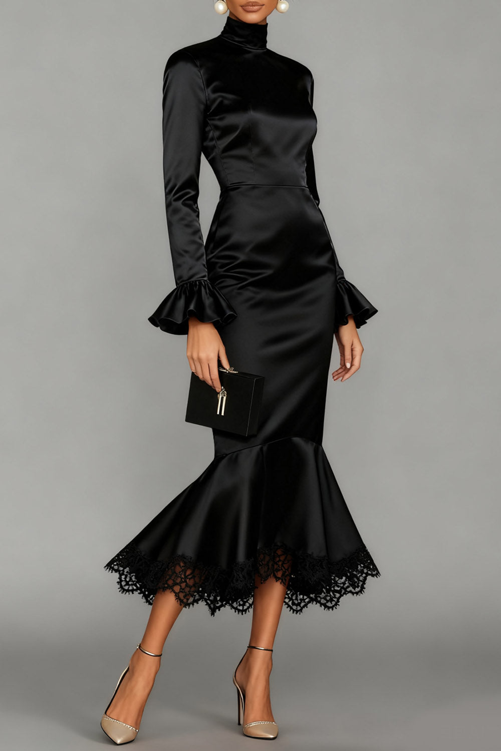Black Mermaid Satin High Neck Midi Cocktail Dress with Lace