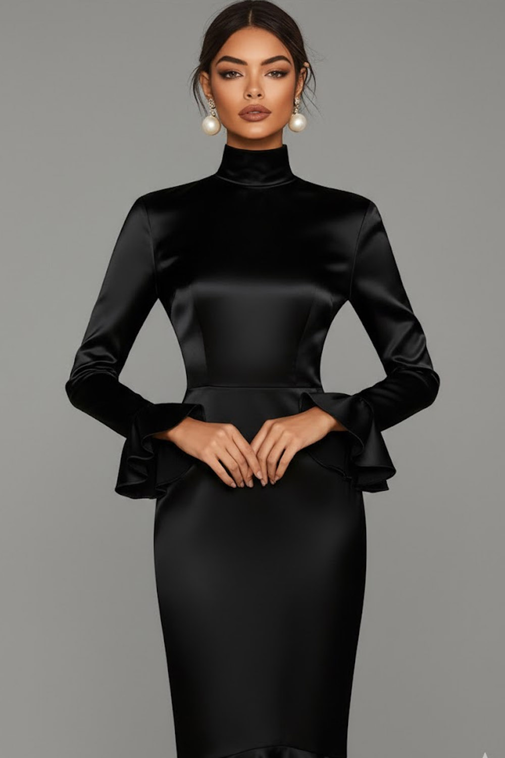 Black Mermaid Satin High Neck Midi Cocktail Dress with Lace