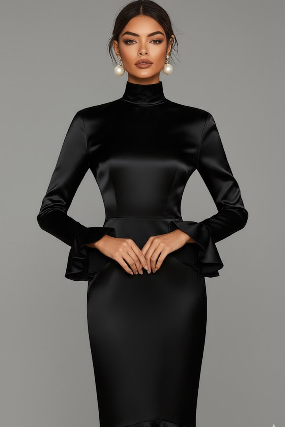 Black Mermaid Satin High Neck Midi Cocktail Dress with Lace