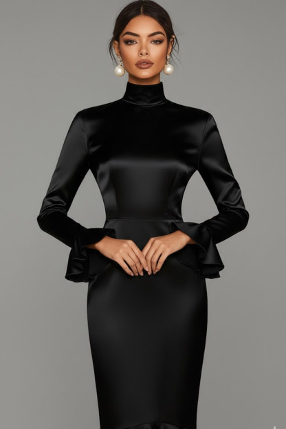 Black Mermaid Satin High Neck Midi Cocktail Dress with Lace