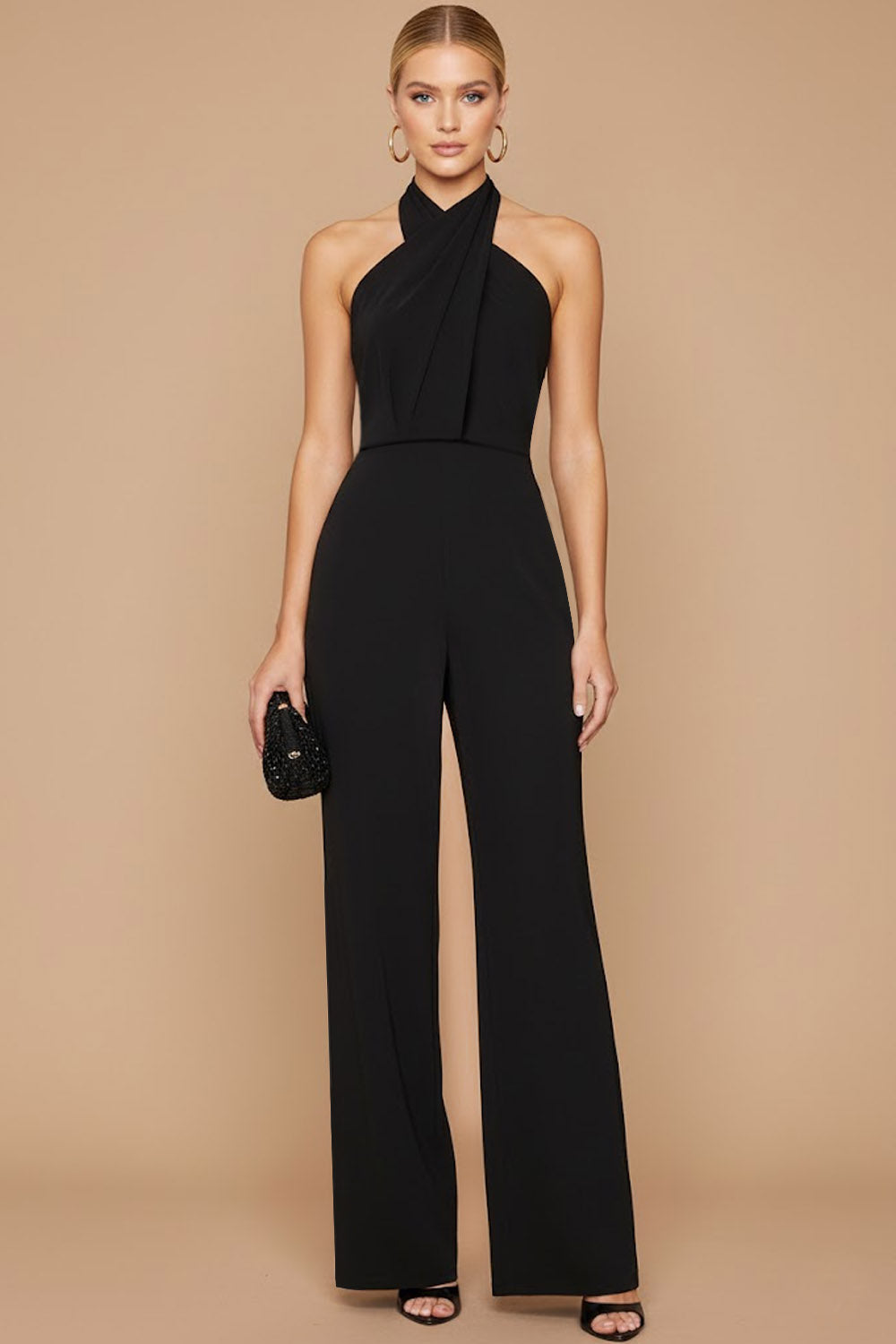 Leely Women Black Formal Jumpsuit Sleeveless Halter Wedding Guest Pantsuit