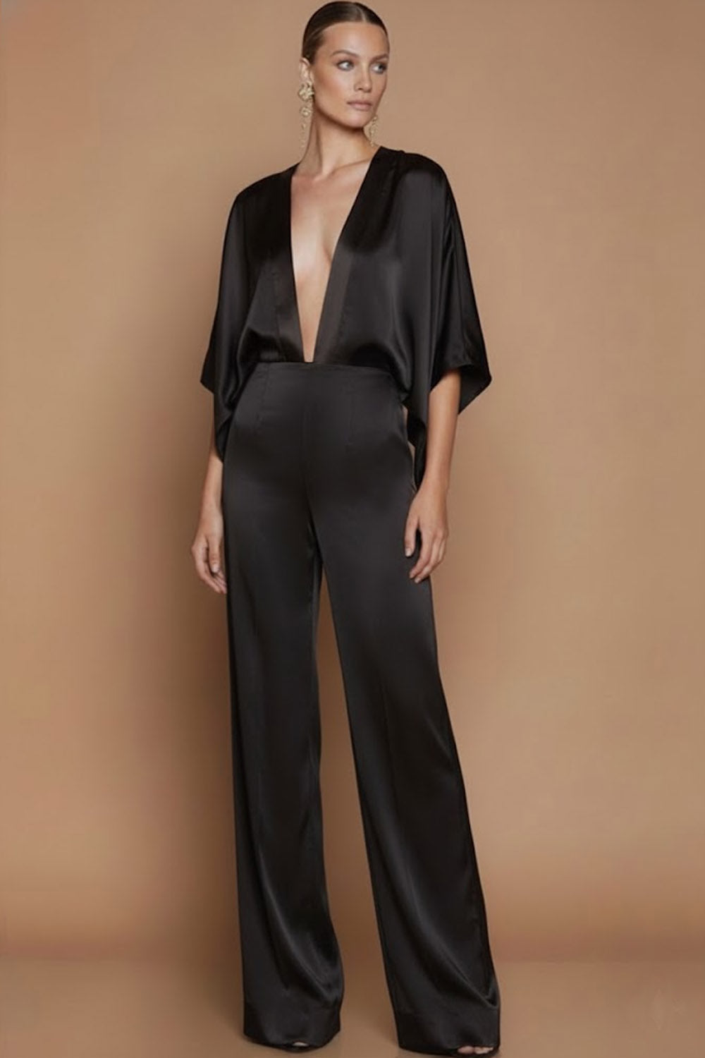 Black Deep V-Neck Satin Long Formal Jumpsuits with Sleeves