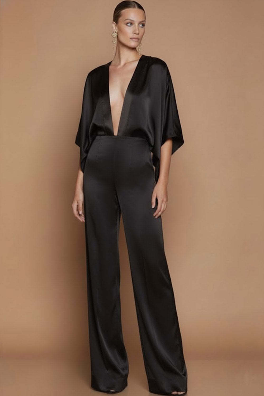 Black Deep V-Neck Satin Long Formal Jumpsuits with Sleeves