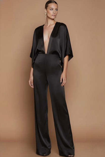 Black Deep V-Neck Satin Long Formal Jumpsuits with Sleeves