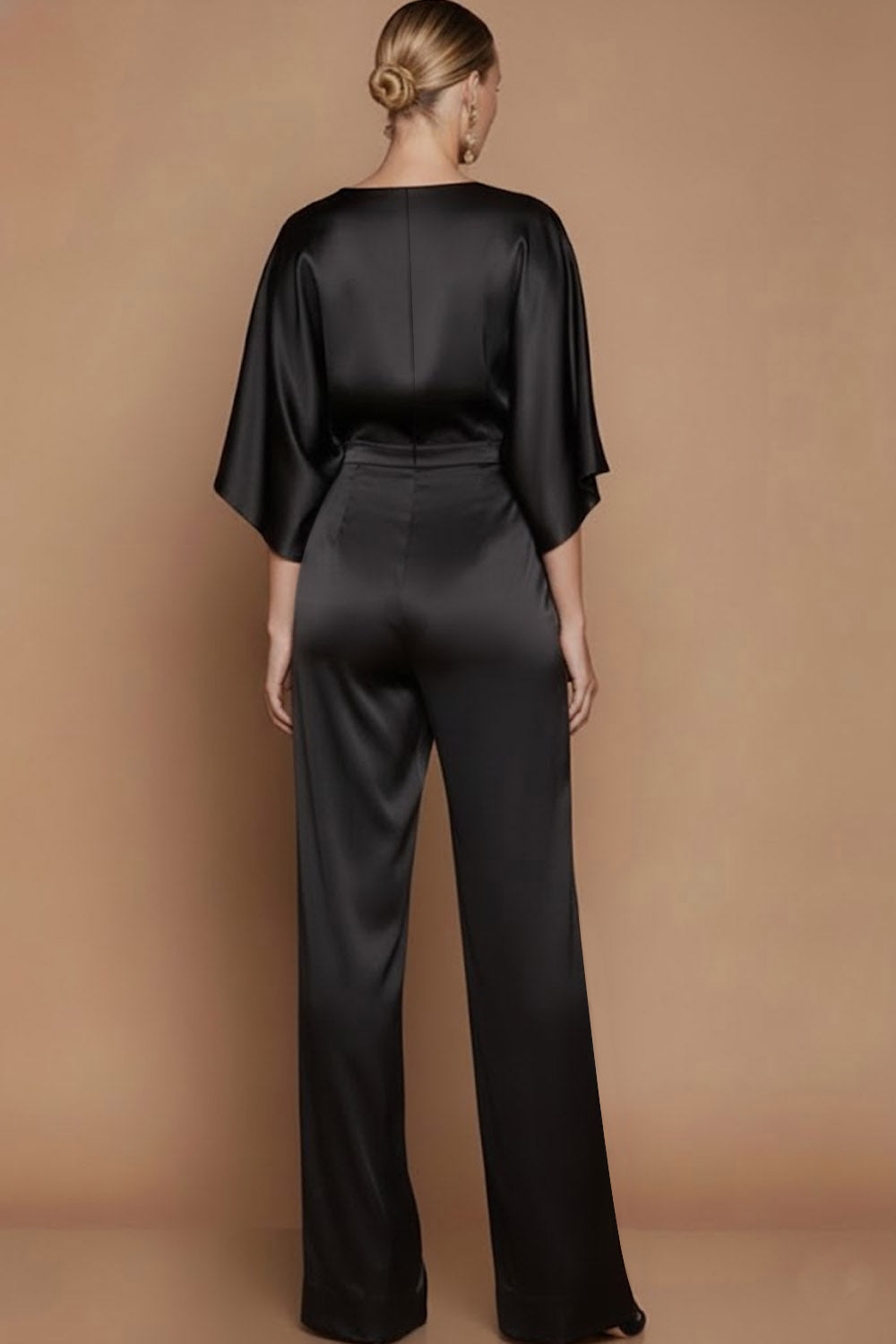 Black Deep V-Neck Satin Long Formal Jumpsuits with Sleeves