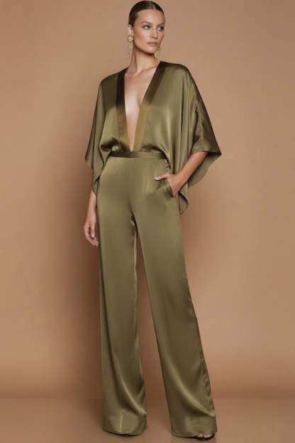 Black Deep V-Neck Satin Long Formal Jumpsuits with Sleeves