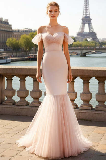 Leely Women Light Pink Mermaid Sweep Train Formal Dress Tulle Off the Shoulder Evening Dress